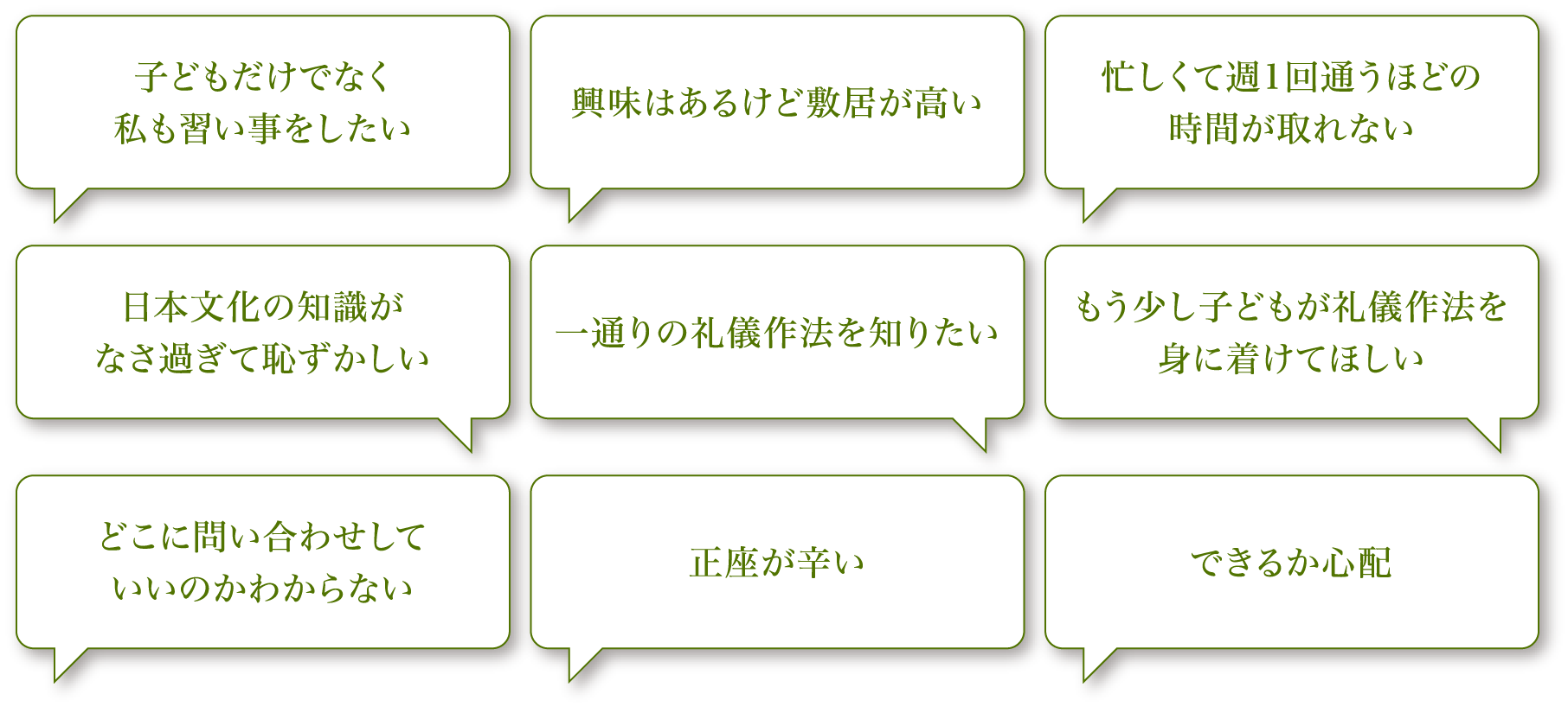 子どもだけでなく私も習い事をしたい 興味はあるけど敷居が高い 忙しくて週1回通うほどの時間が取れない 日本文化の知識がなさ過ぎて恥ずかしい 一通りの礼儀作法を知りたい もう少し子どもが礼儀作法を身に着けてほしい どこに問い合わせしていいのかわからない 正座が辛い できるか心配