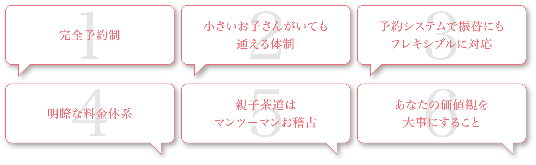 1 完全予約制 2 小さいお子さまがいても通える体制 3 予約システムで振替にもフレキシブルに対応 4 明瞭な料金体系 5 親子茶道はマンツーマンお稽古 6 あなたの価値観を大事にすること
