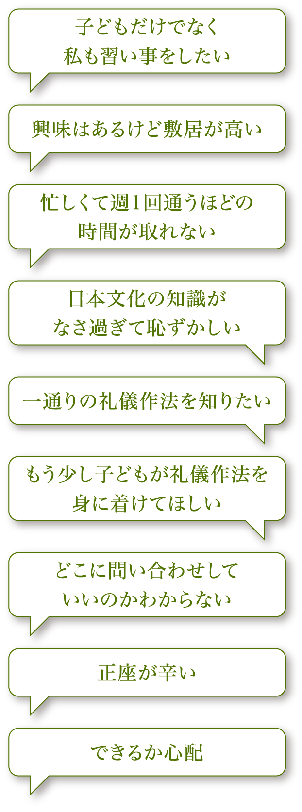 子どもだけでなく私も習い事をしたい 興味はあるけど敷居が高い 忙しくて週1回通うほどの時間が取れない 日本文化の知識がなさ過ぎて恥ずかしい 一通りの礼儀作法を知りたい もう少し子どもが礼儀作法を身に着けてほしい どこに問い合わせしていいのかわからない 正座が辛い できるか心配